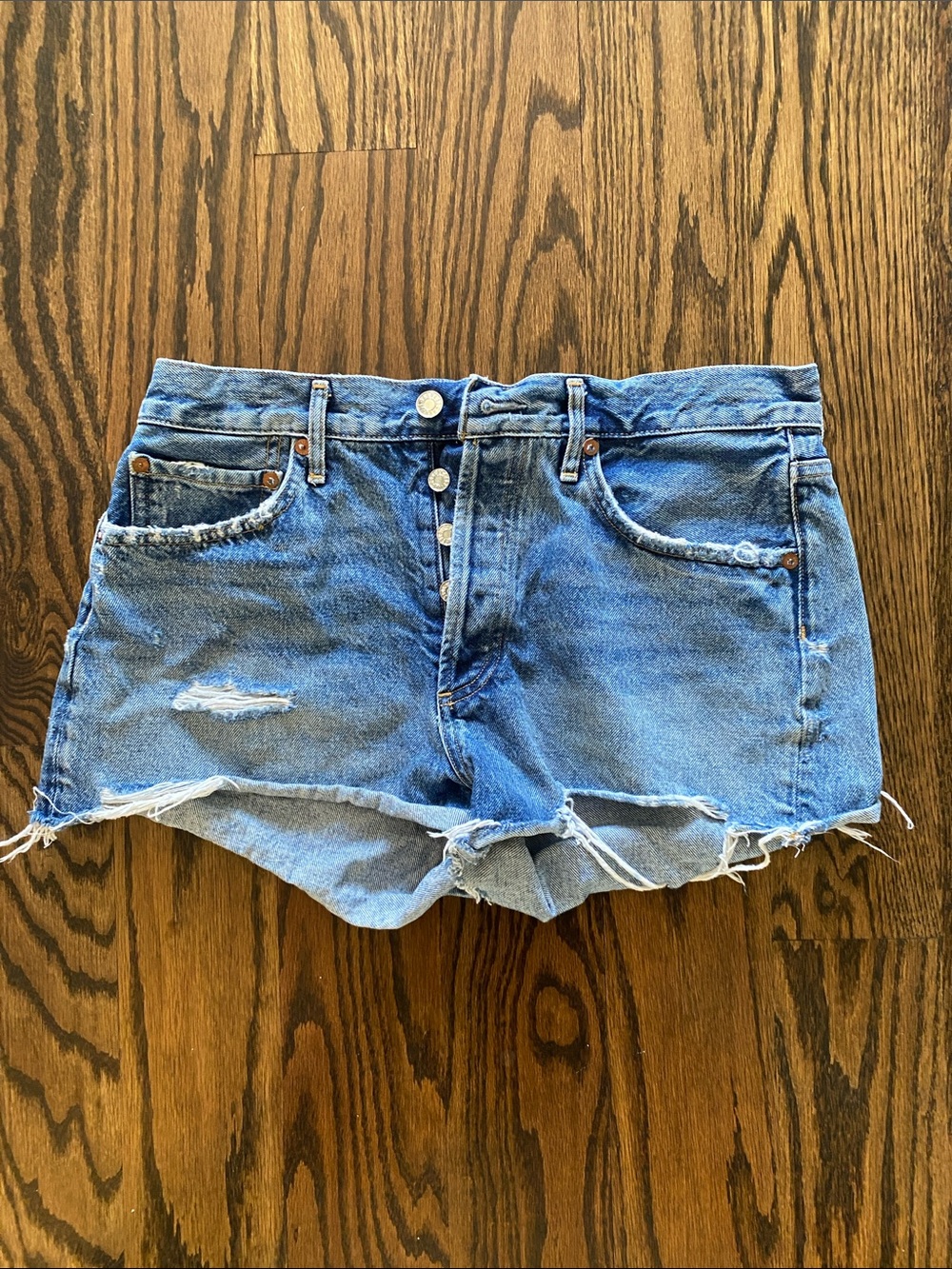 Agolde Medium Blue Distressed Button-Fly Denim Shorts